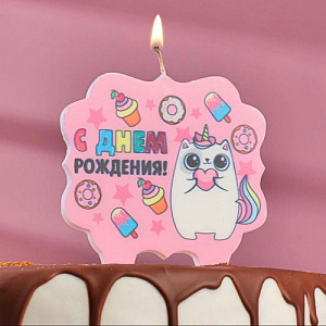 Свеча для торта "С Днем Рождения, котенок единорожка", 10х10 см